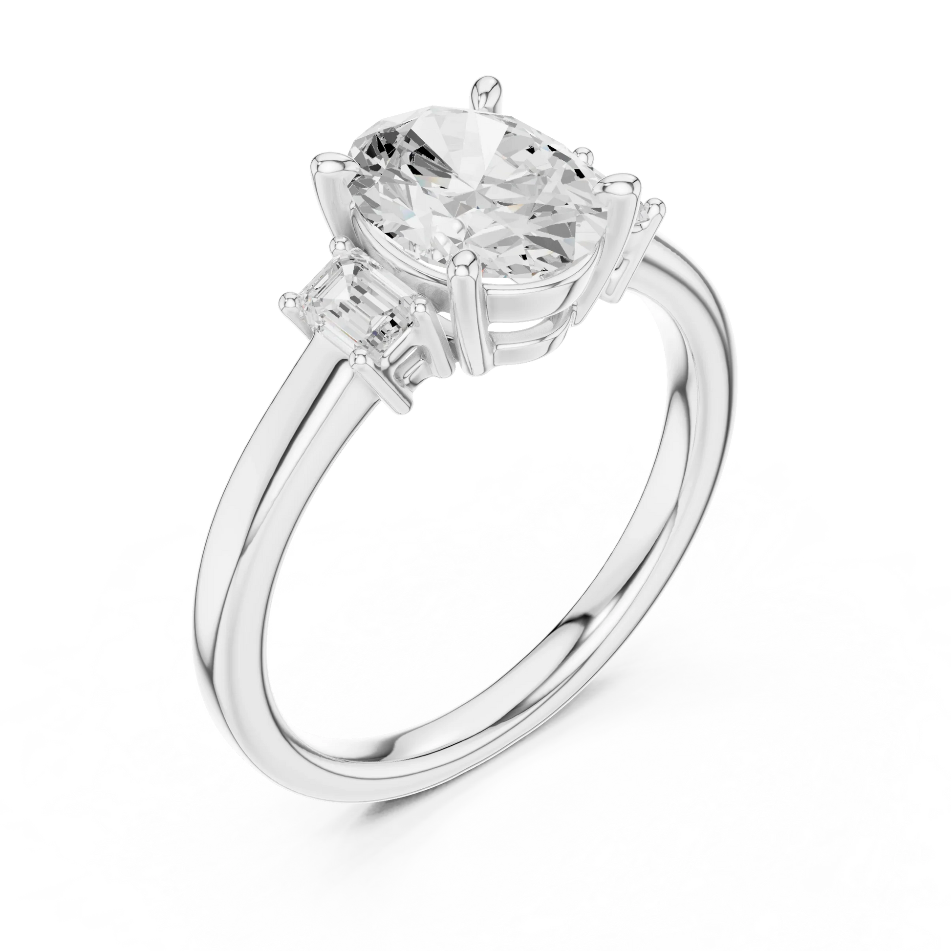 Front view of white gold oval cut three stone diamond ring, showcasing center and side stones