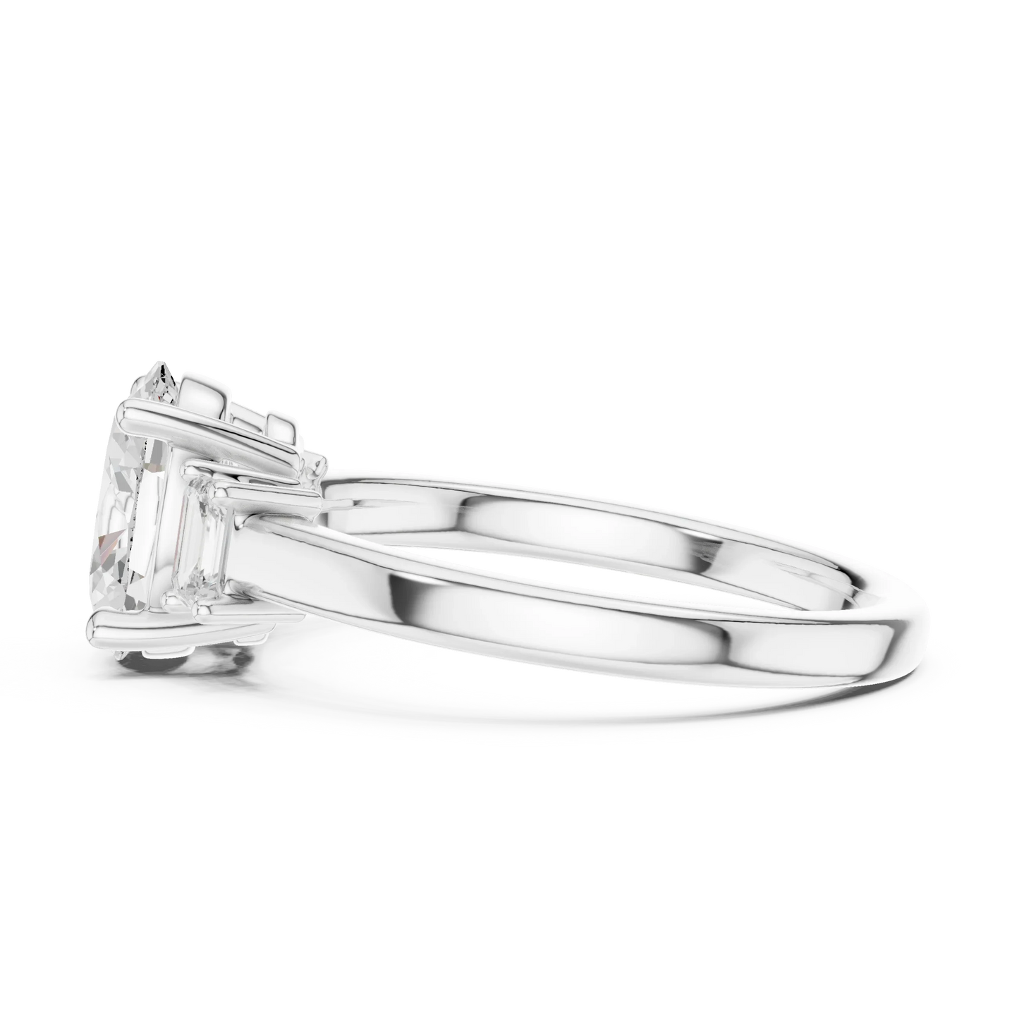 Side view of white gold oval cut three stone diamond ring, highlighting setting profile.