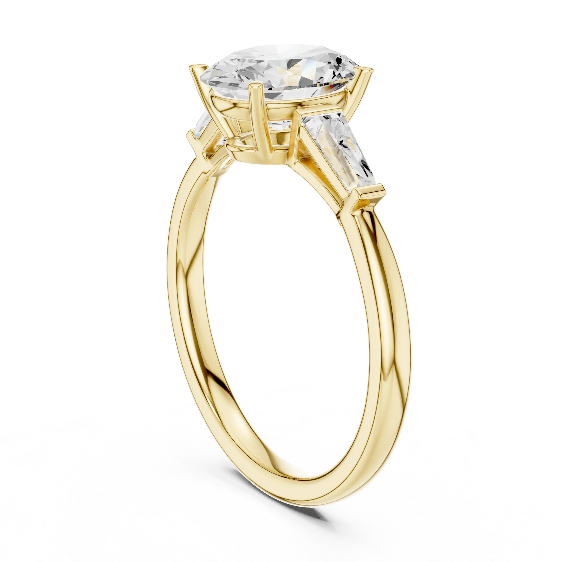 Back view of yellow gold oval three stone ring featuring tapered baguette side stones and smooth band