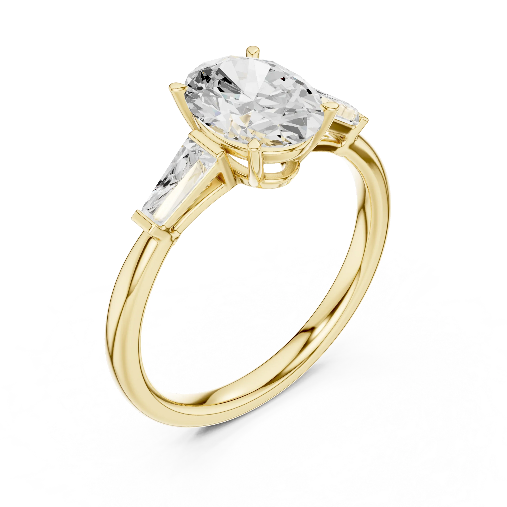Front view of yellow gold oval three stone ring with tapered baguette side stones and lab-grown diamonds