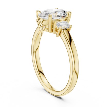 Back side view of yellow gold oval three stone diamond ring, showing band structure.