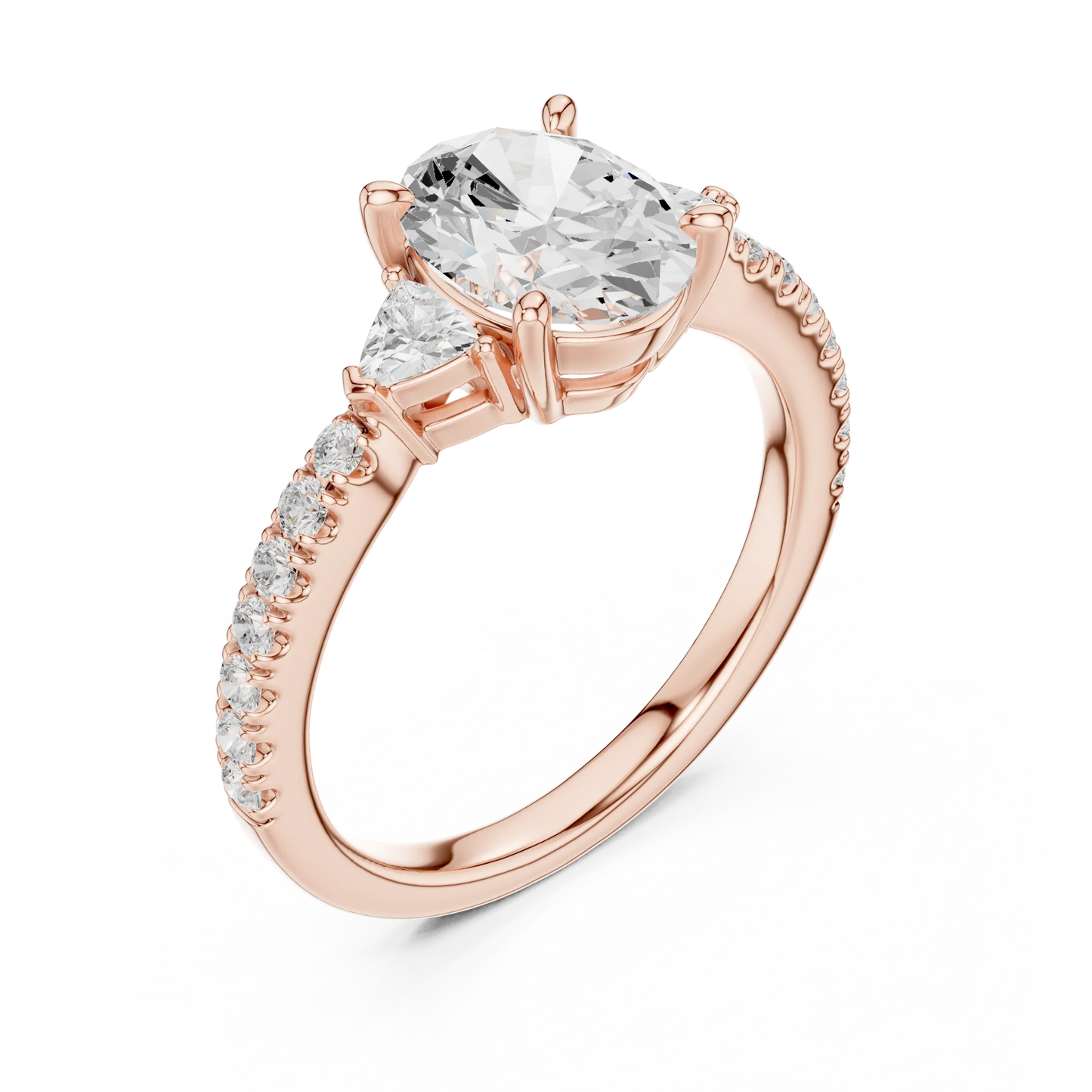 Front view of rose gold oval three stone diamond ring with half moon side stones and pave band, showcasing gemstone brilliance.