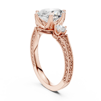 Back view of rose gold oval three stone vintage ring featuring round brilliant side stones and milgrain band