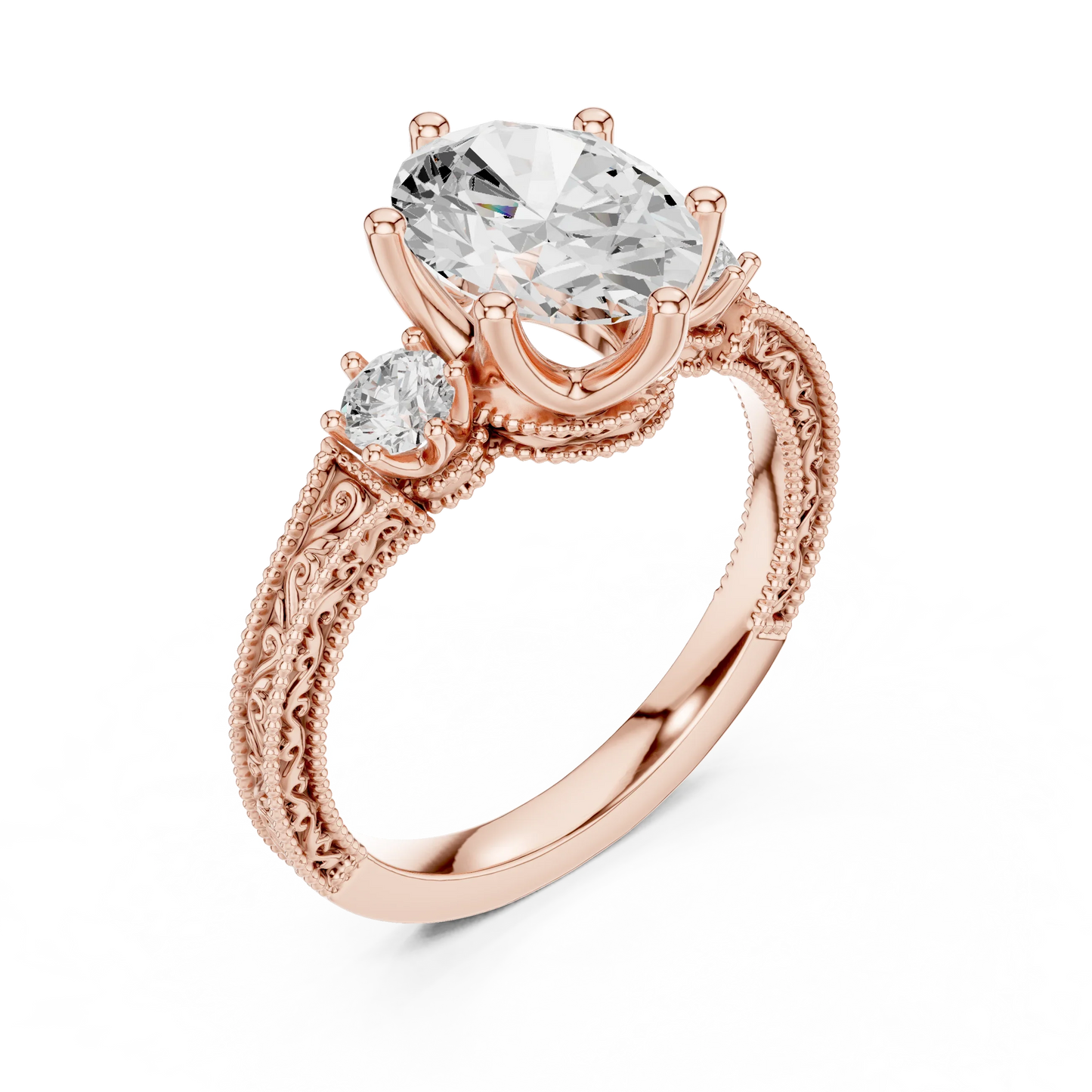 Front view of rose gold oval three stone vintage ring with round brilliant side stones and filigree detailing