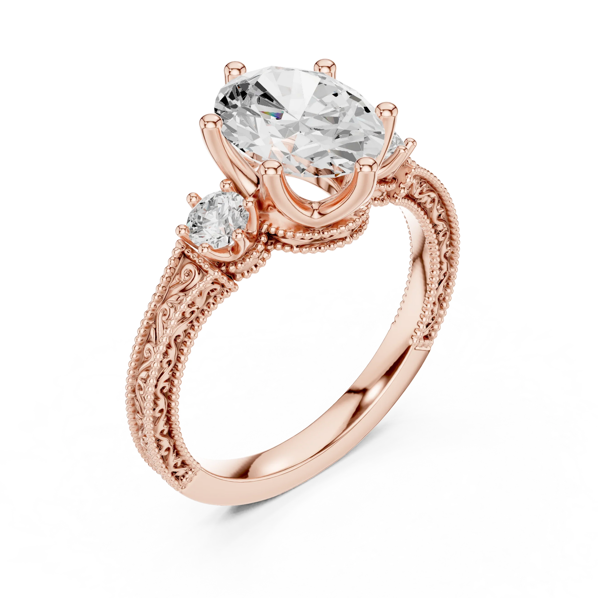 Front view of rose gold oval three stone vintage ring with round brilliant side stones and filigree detailing
