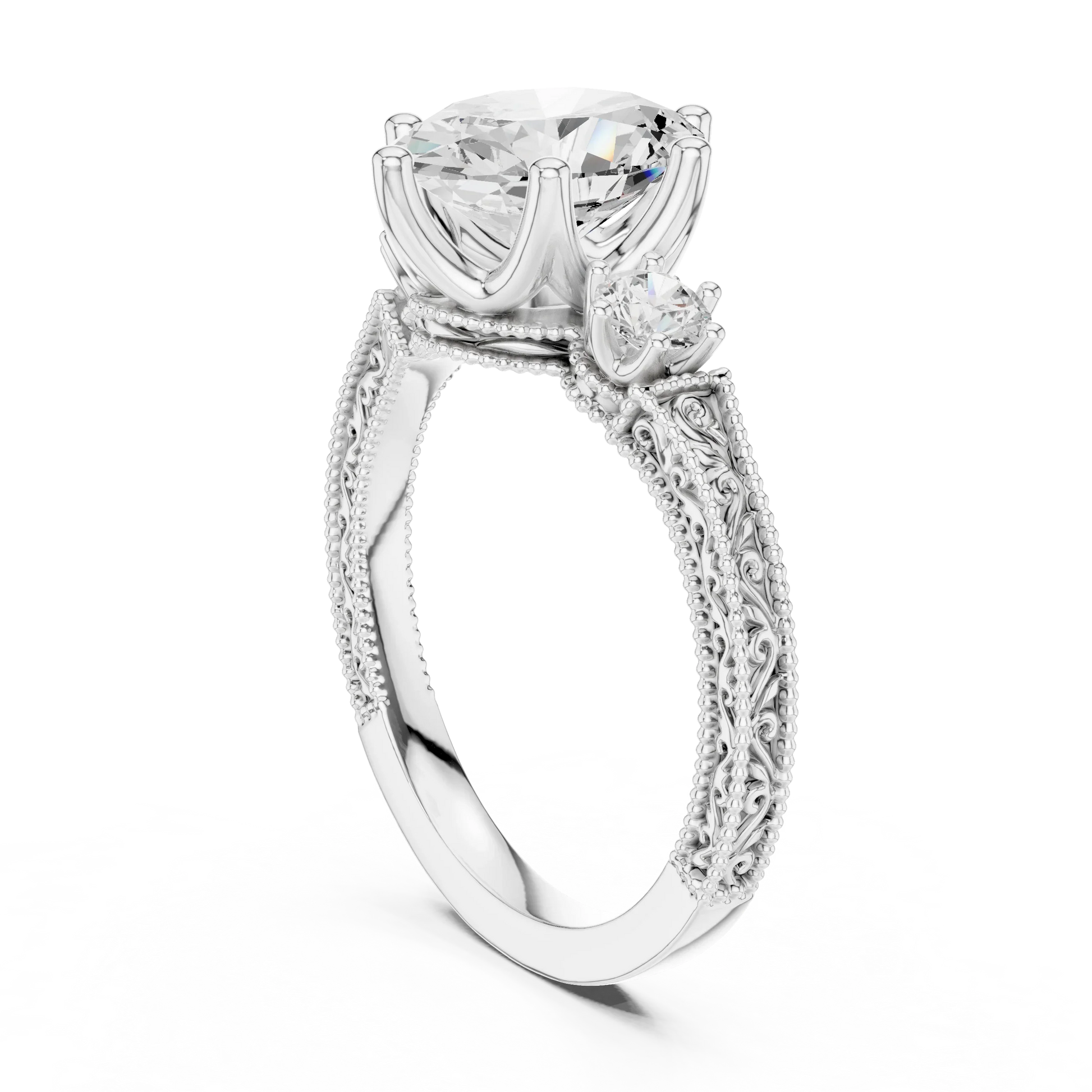 Back view of white gold oval three stone vintage ring featuring round brilliant side stones and milgrain band