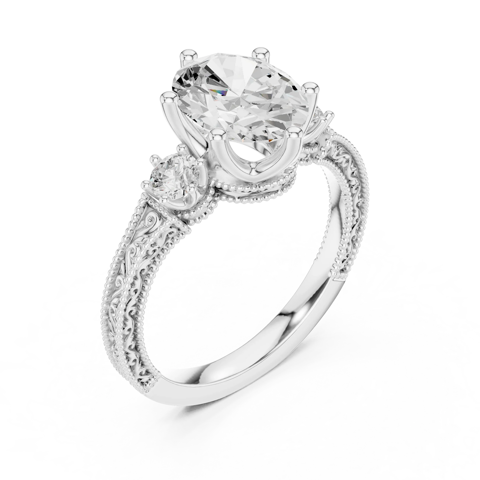 Front view of white gold oval three stone vintage ring with round brilliant side stones and filigree milgrain detailing