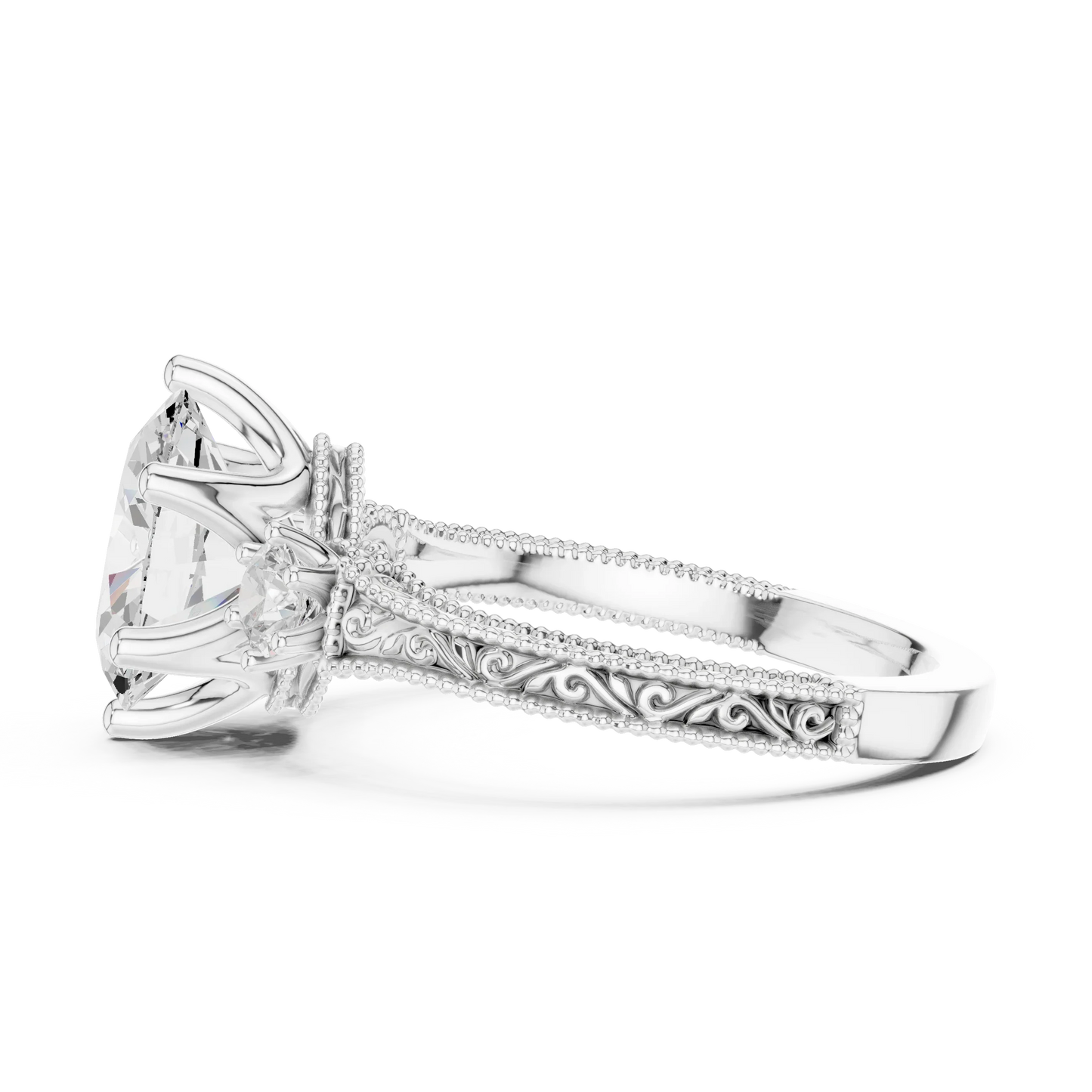 Side view of white gold oval three stone vintage ring highlighting filigree milgrain band and diamond setting