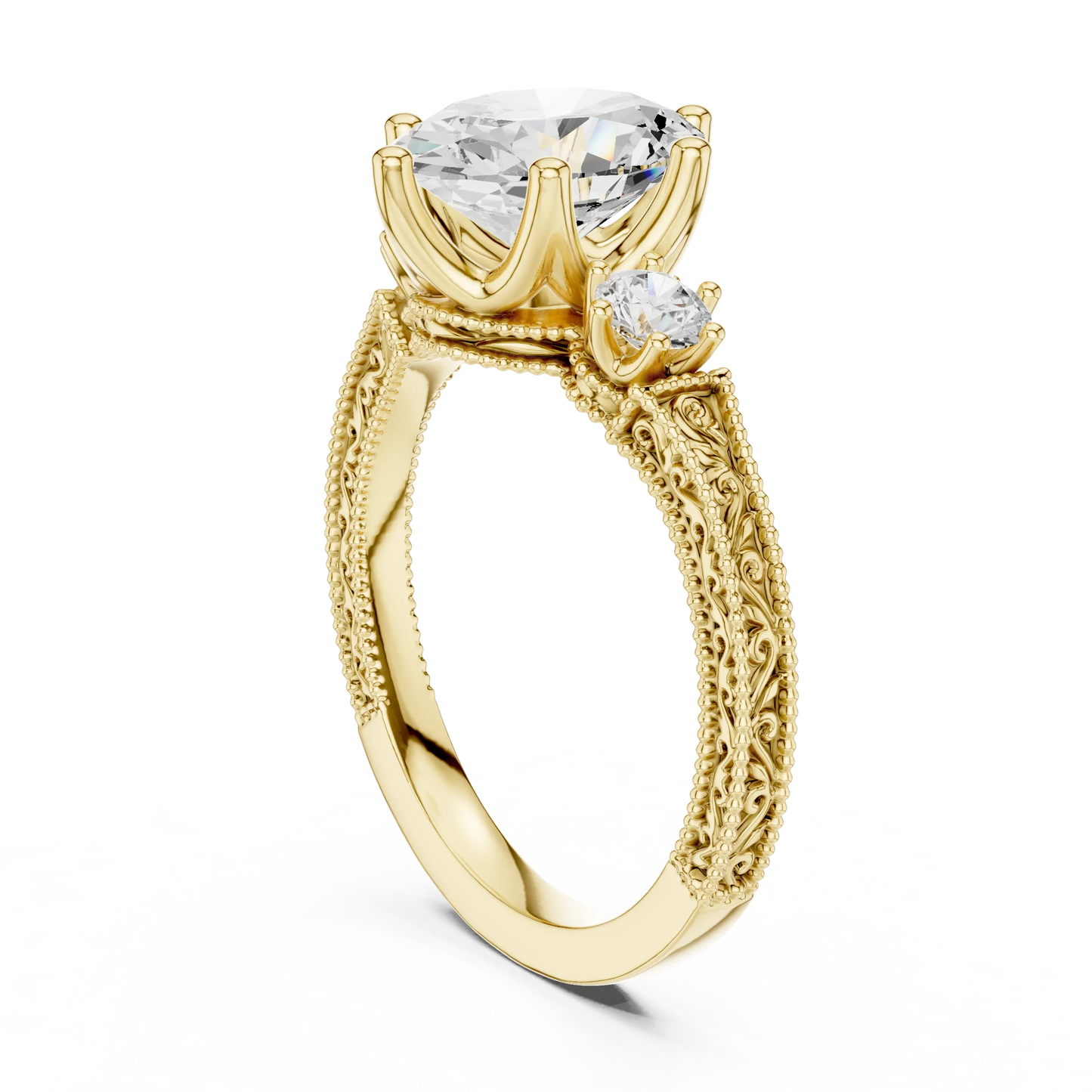 Back view of yellow gold oval three stone vintage ring featuring round brilliant side stones and filigree band