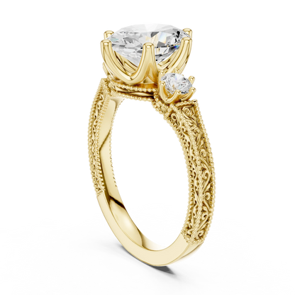 Back view of yellow gold oval three stone vintage ring featuring round brilliant side stones and filigree band