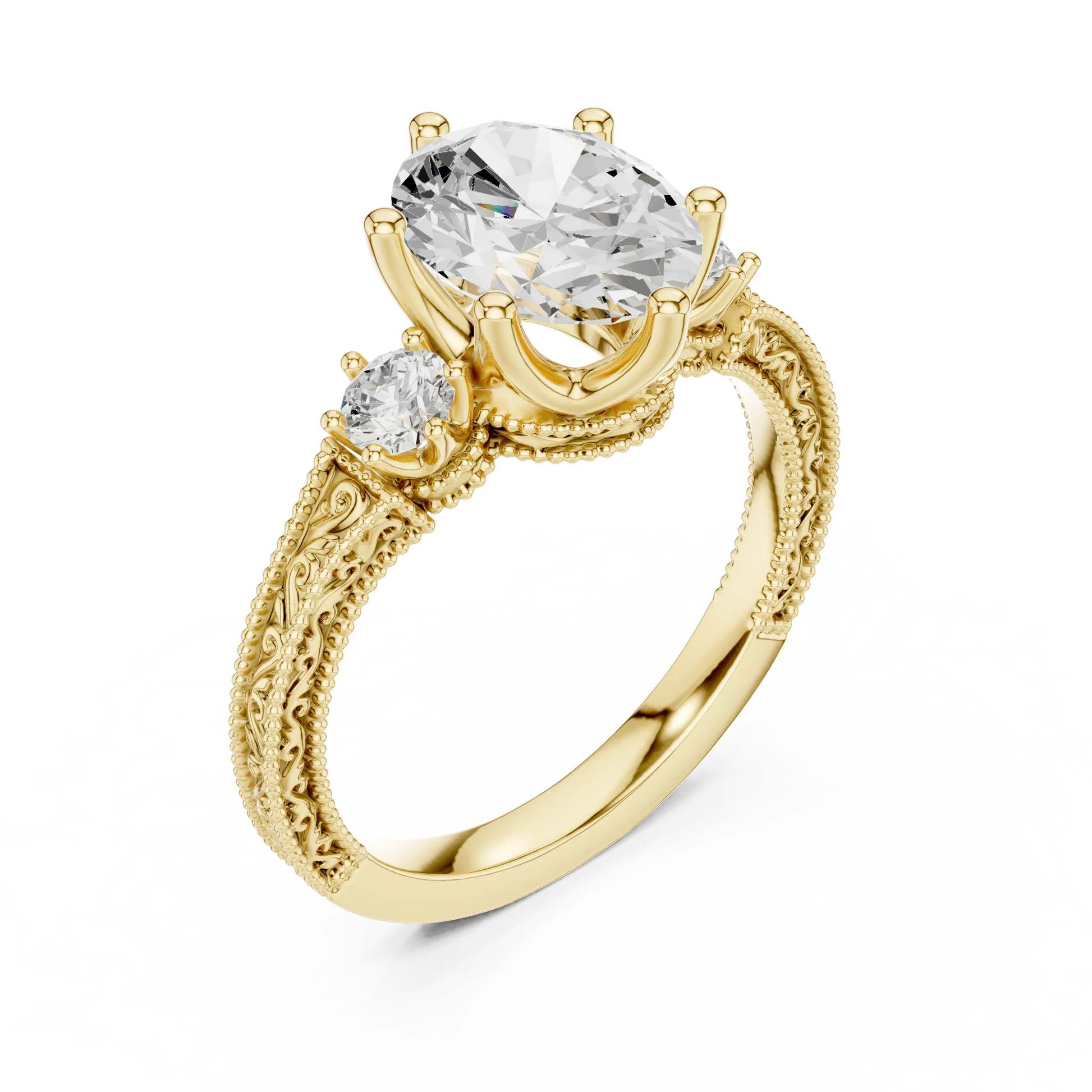Front view of yellow gold oval three stone vintage ring with round brilliant side stones and milgrain detailing