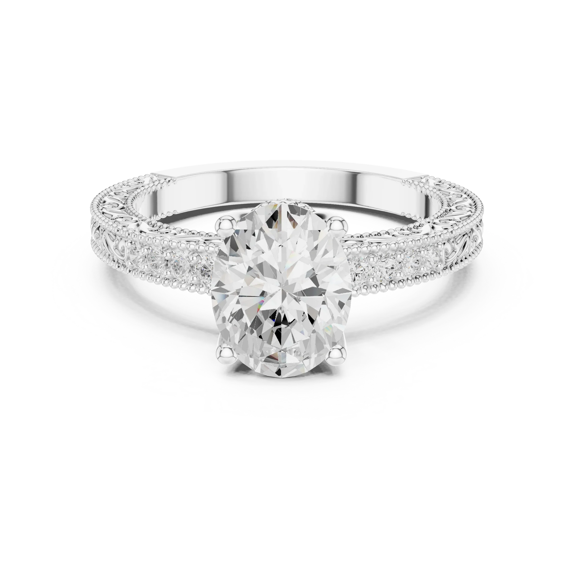 Oval vintage filigree ring with milgrain and channel-set diamond band in white gold with oval lab diamond