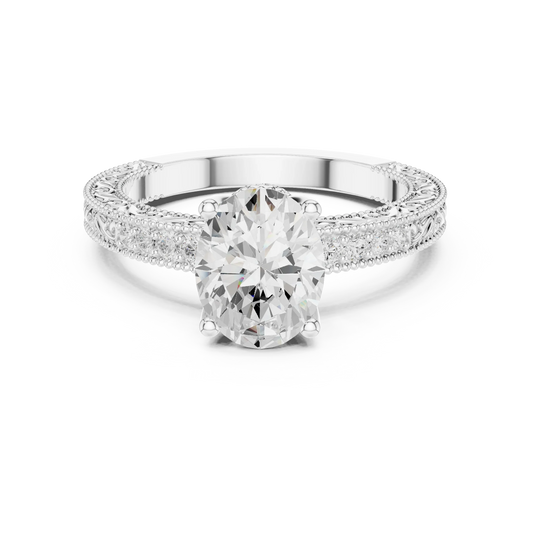 Oval vintage filigree ring with milgrain and channel-set diamond band in white gold with oval lab diamond