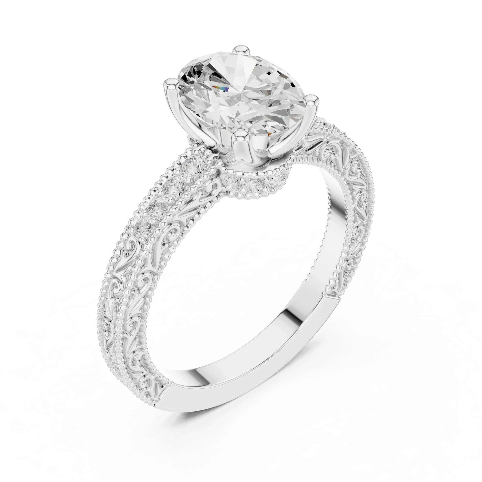 Back view of oval vintage filigree ring with milgrain detailing and channel-set diamond band in white gold