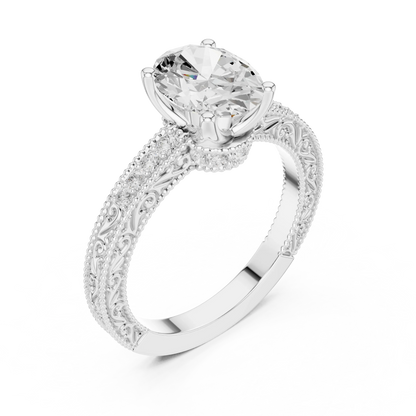 Back view of oval vintage filigree ring with milgrain detailing and channel-set diamond band in white gold