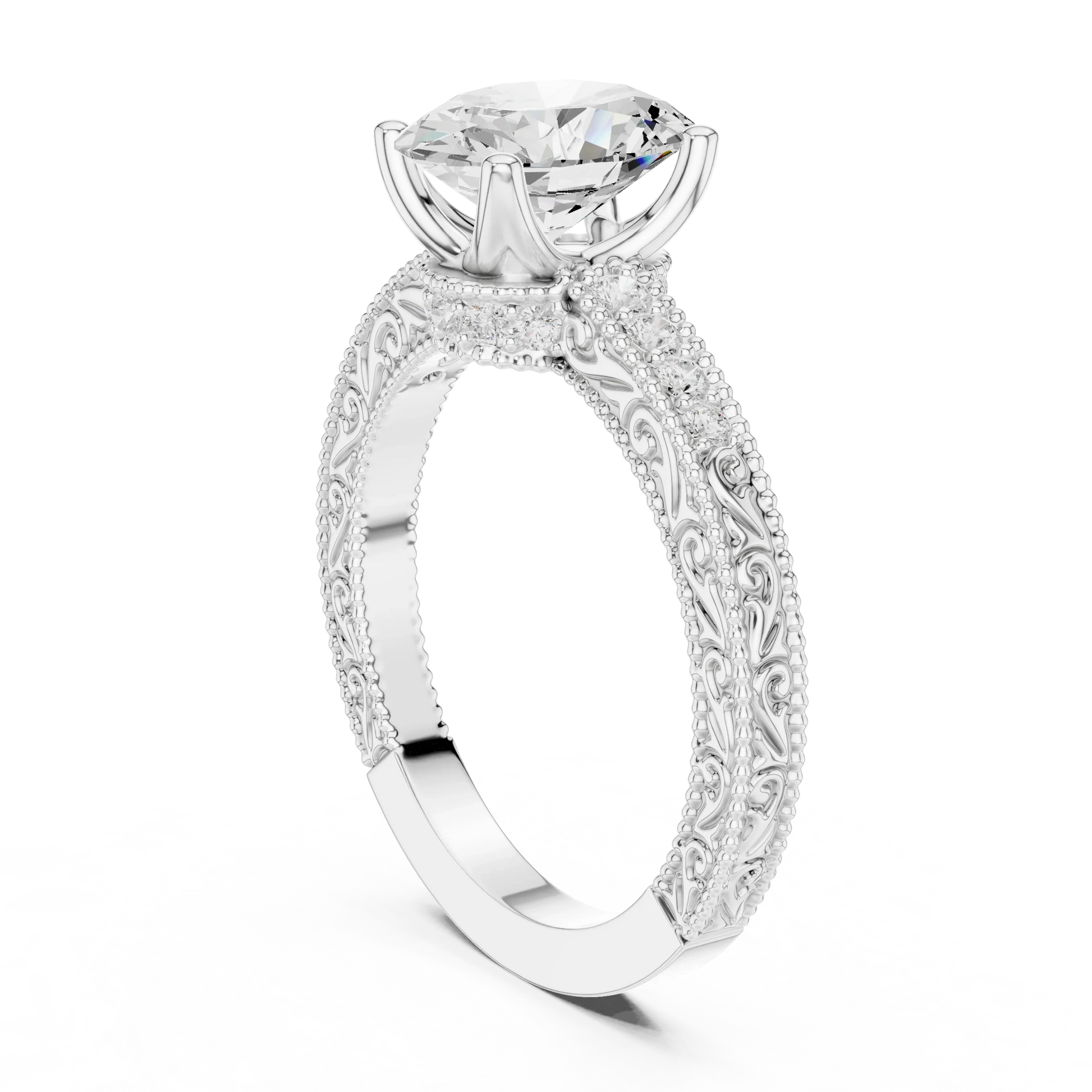Front view of oval vintage filigree white gold ring with milgrain and channel-set diamond band and oval lab diamond