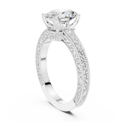 Front view of oval vintage filigree white gold ring with milgrain and channel-set diamond band and oval lab diamond