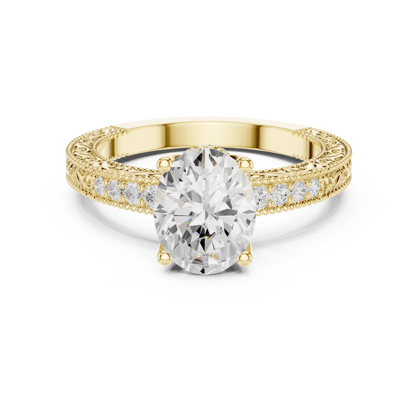 Oval vintage filigree ring with milgrain and channel-set diamond band in yellow gold with oval lab diamond