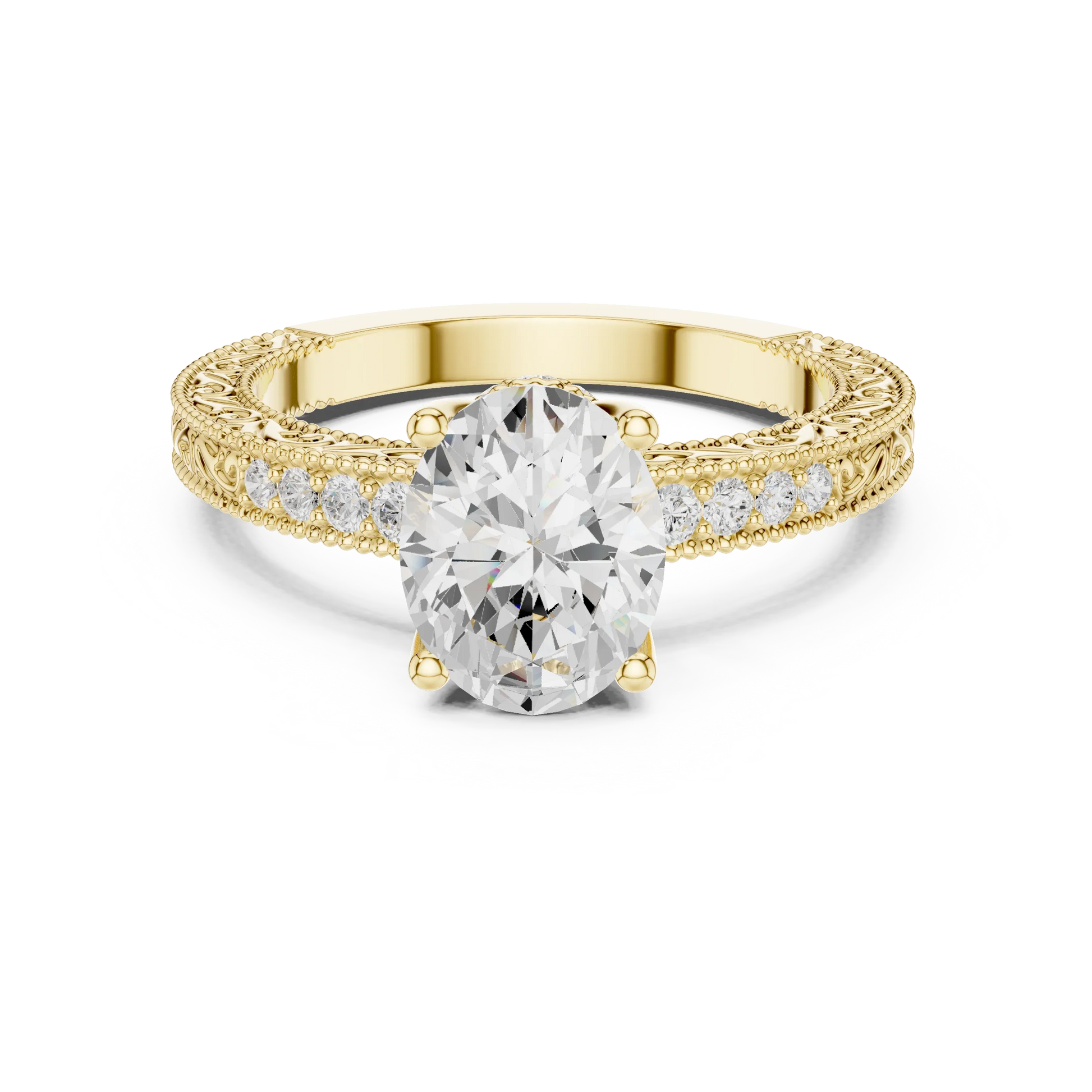 Oval vintage filigree ring with milgrain and channel-set diamond band in yellow gold with oval lab diamond