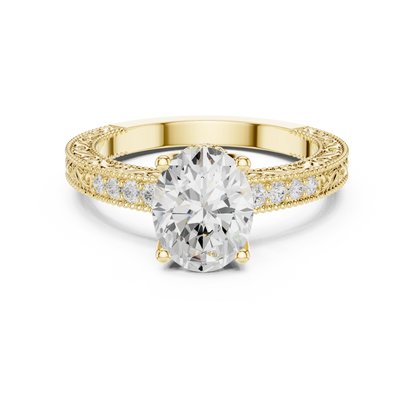 Oval vintage filigree ring with milgrain and channel-set diamond band in yellow gold with oval lab diamond