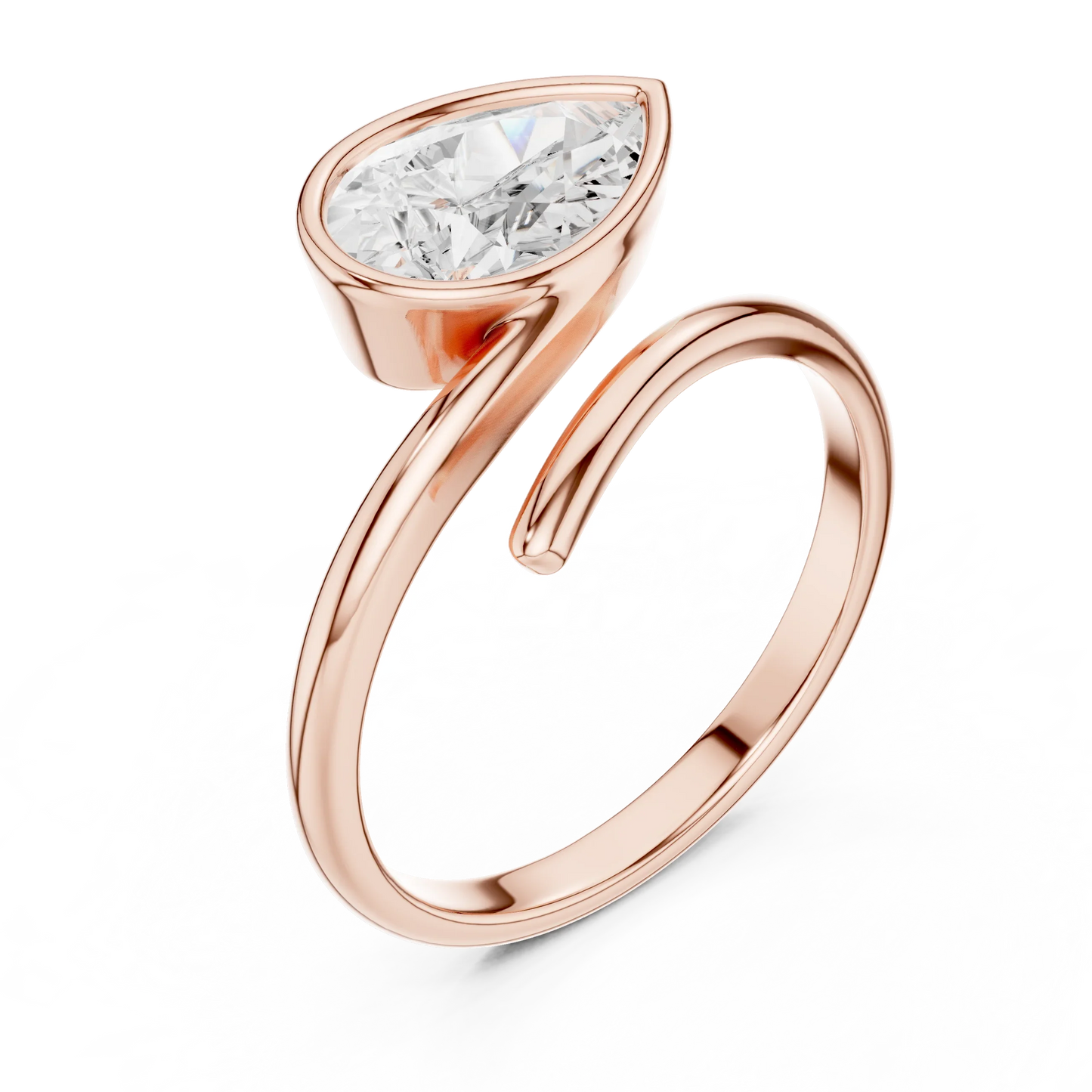 Pear cut diamond open wrap ring in rose gold with lab-grown diamond top view