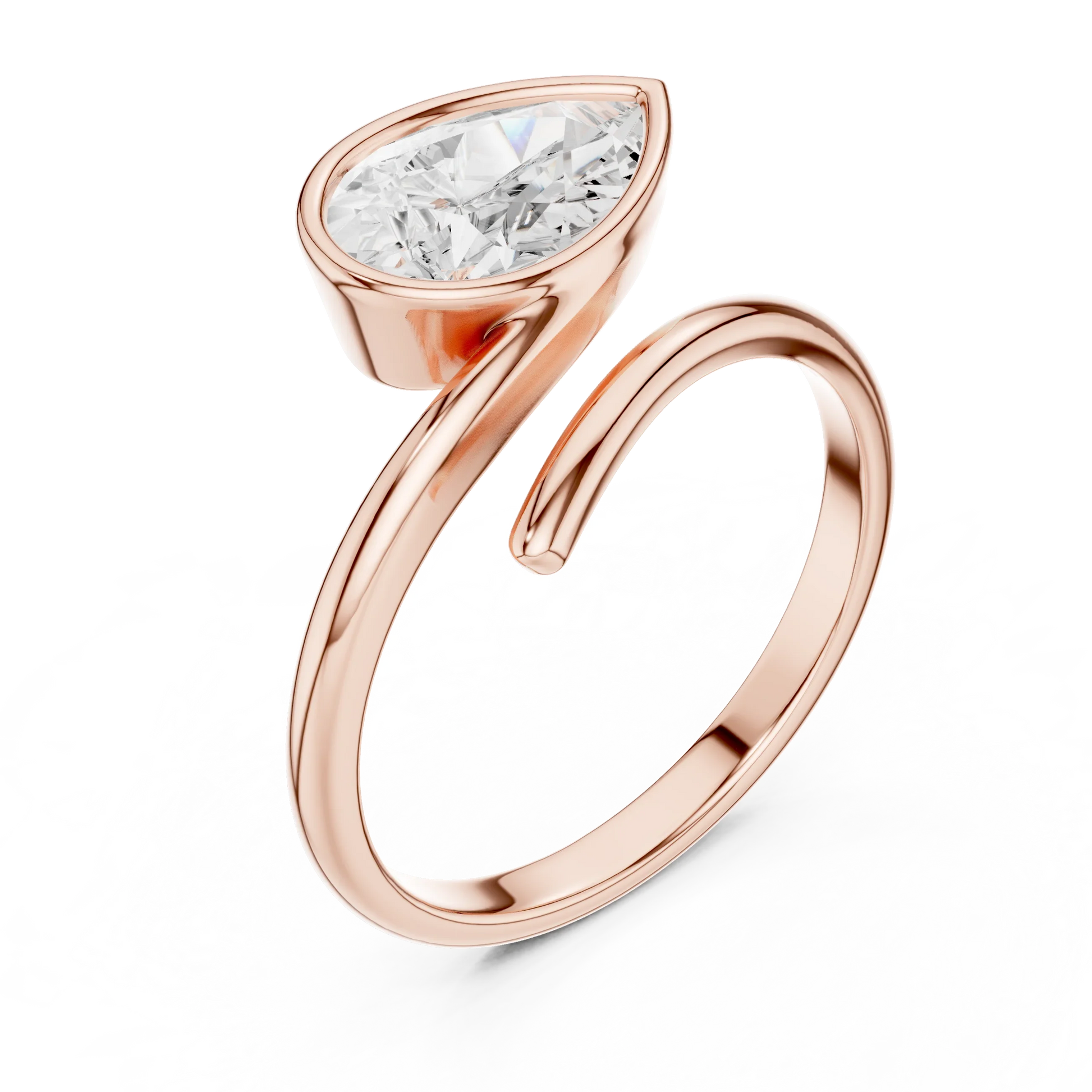 Pear cut diamond open wrap ring in rose gold with lab-grown diamond top view