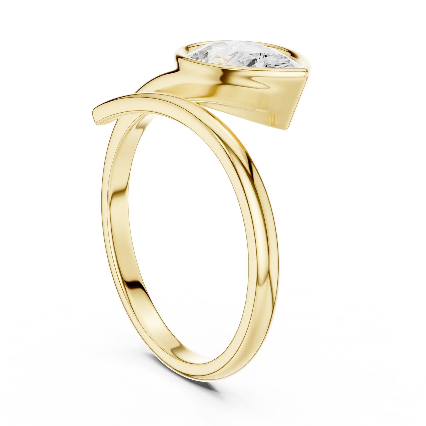 Pear cut diamond open wrap ring in yellow gold with lab-grown diamond top Back view