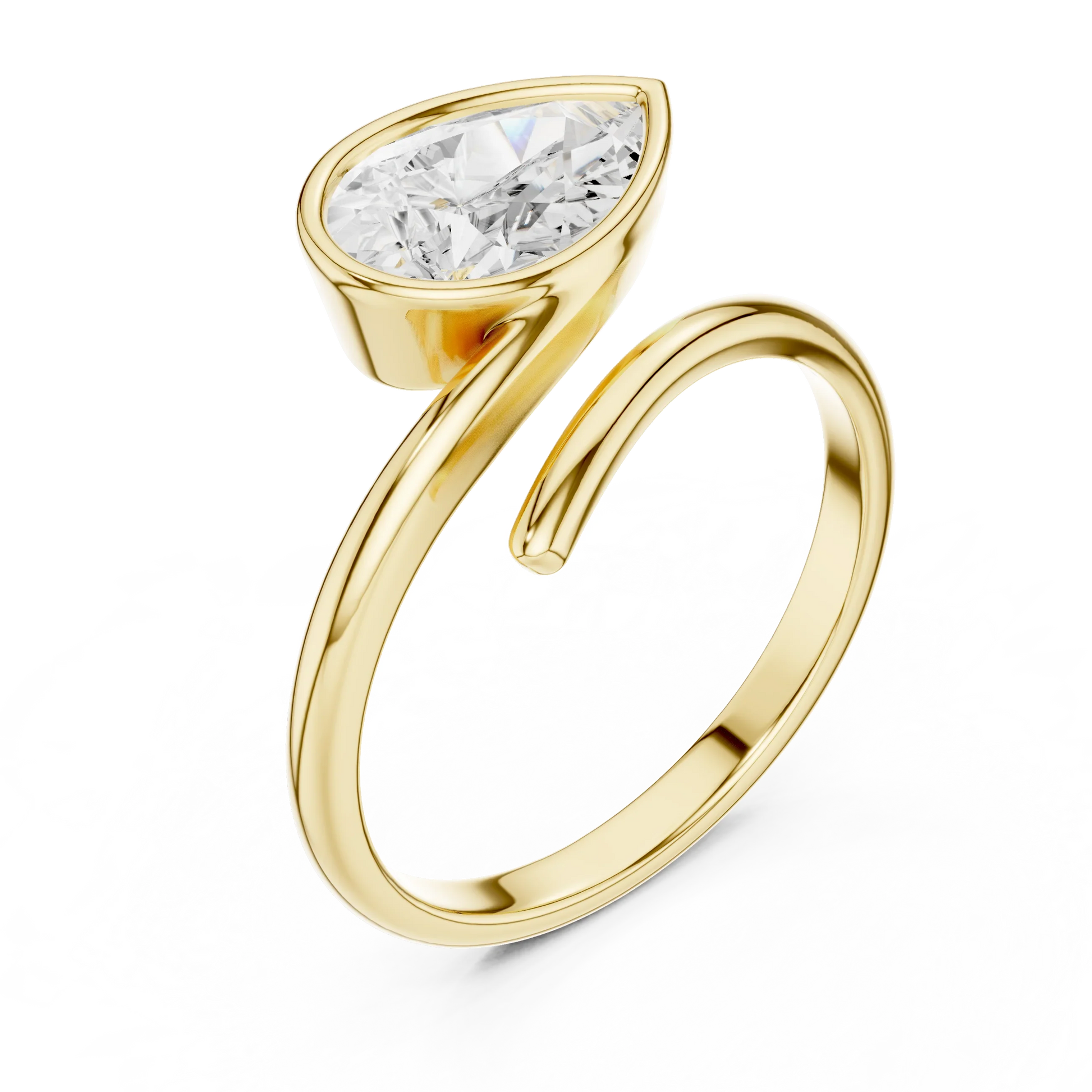 Pear cut diamond open wrap ring in yellow gold with lab-grown diamond top view