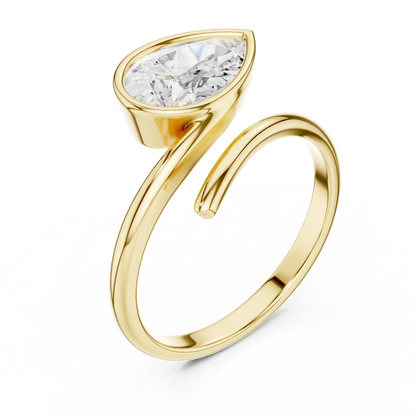 Pear cut diamond open wrap ring in yellow gold with lab-grown diamond top view