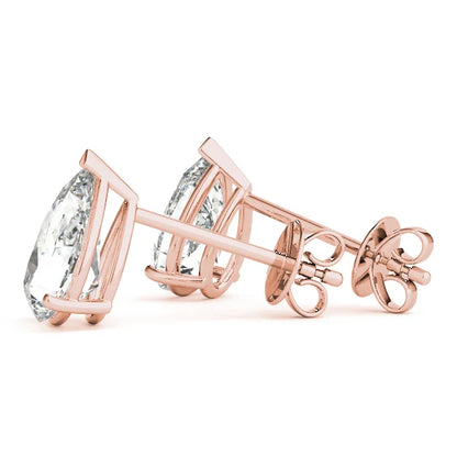 Rose gold earrings with clear gemstones on a white background with back view