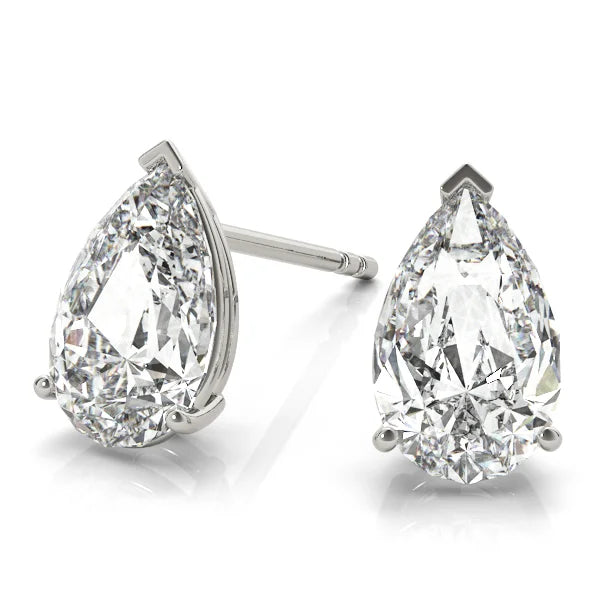 Pair of pear-shaped diamond earrings on a white background with front view.