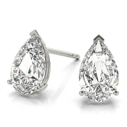 Pair of pear-shaped diamond earrings on a white background with front view.