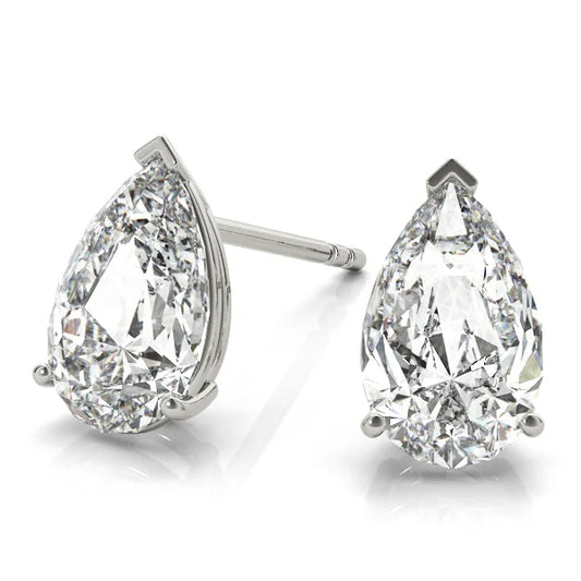 Pair of pear-shaped diamond earrings on a white background with front view.