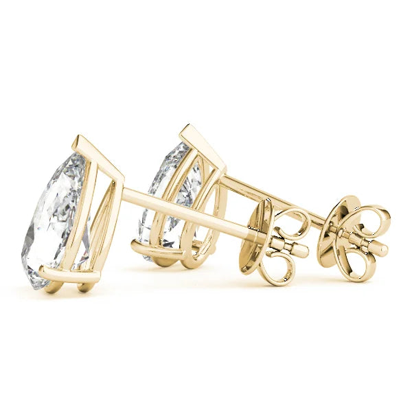 Gold Diamond stud earrings with clear gemstones on a white background with back view