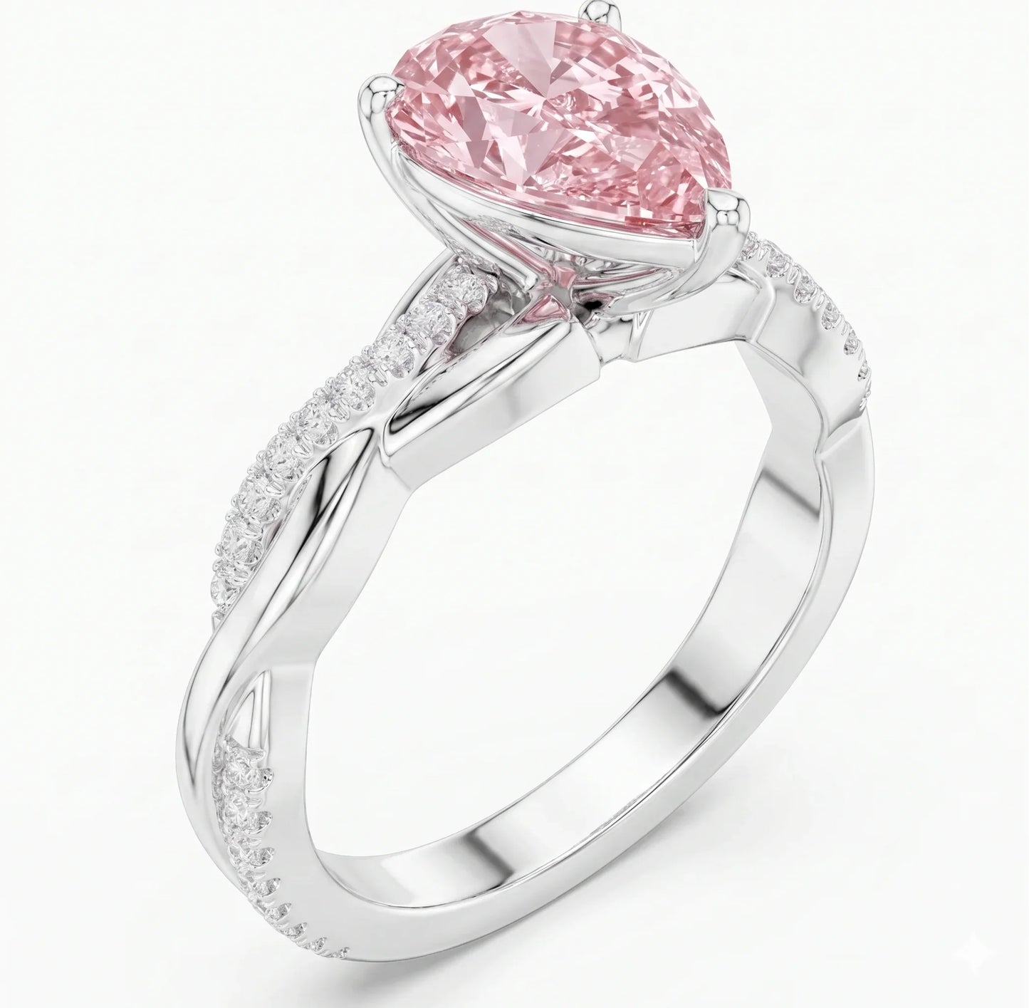Side view of pear cut solitaire engagement ring with pink lab-grown diamond in white gold – Australia