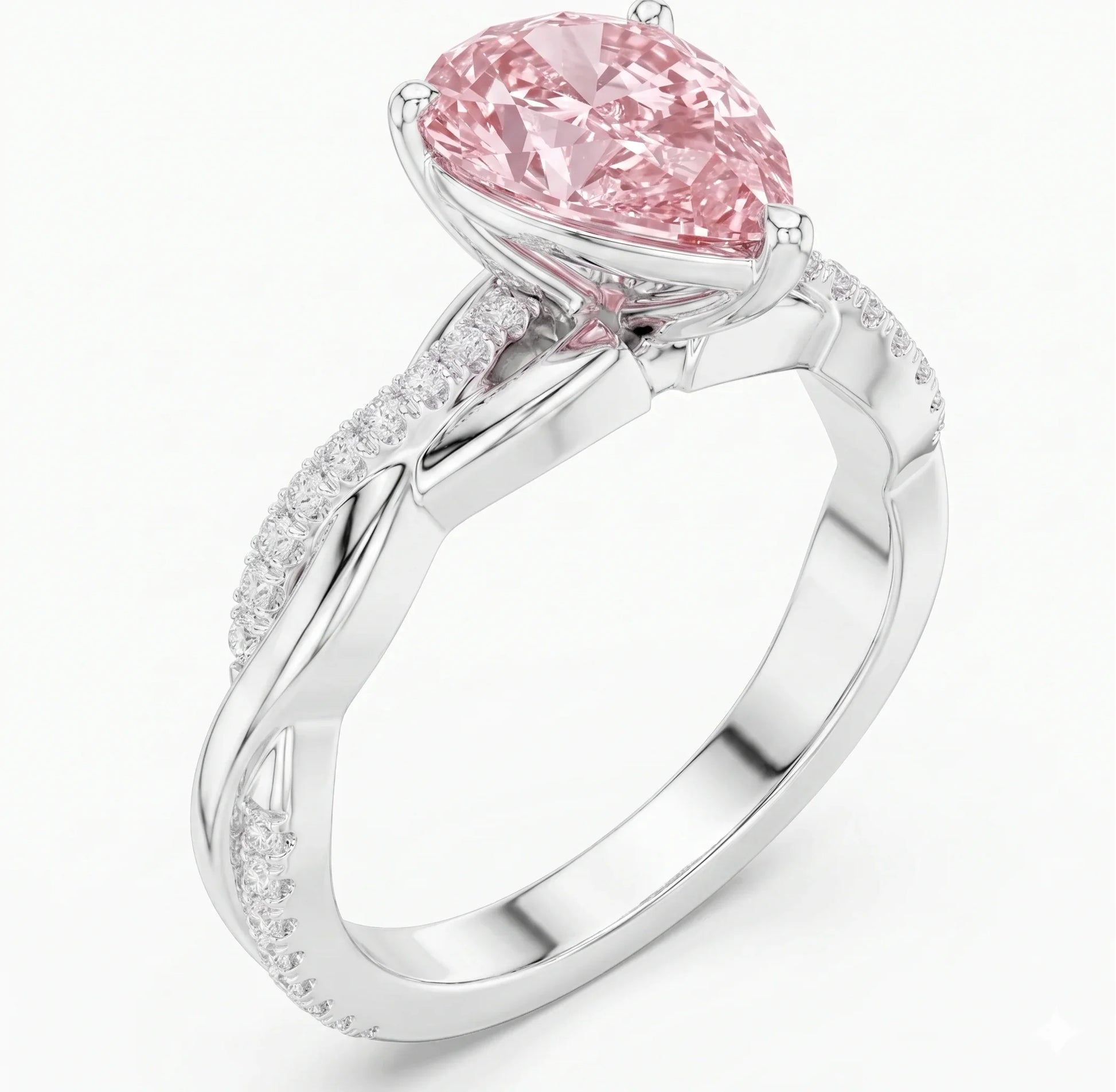 Side view of pear cut solitaire engagement ring with pink lab-grown diamond in white gold – Australia