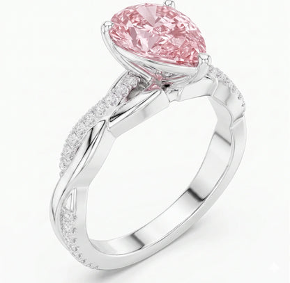 Side view of pear cut solitaire engagement ring with pink lab-grown diamond in white gold – Australia