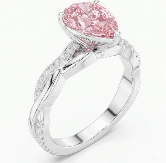 Side view of pear cut solitaire engagement ring with pink lab-grown diamond in white gold – Australia