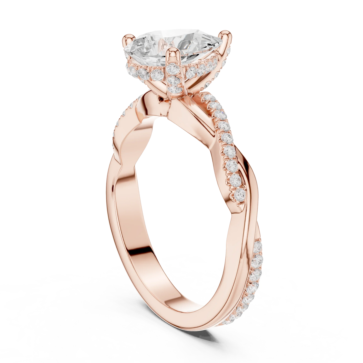 Back view of rose gold pear diamond ring with twisted vine pave band and lab-grown diamond – Australia