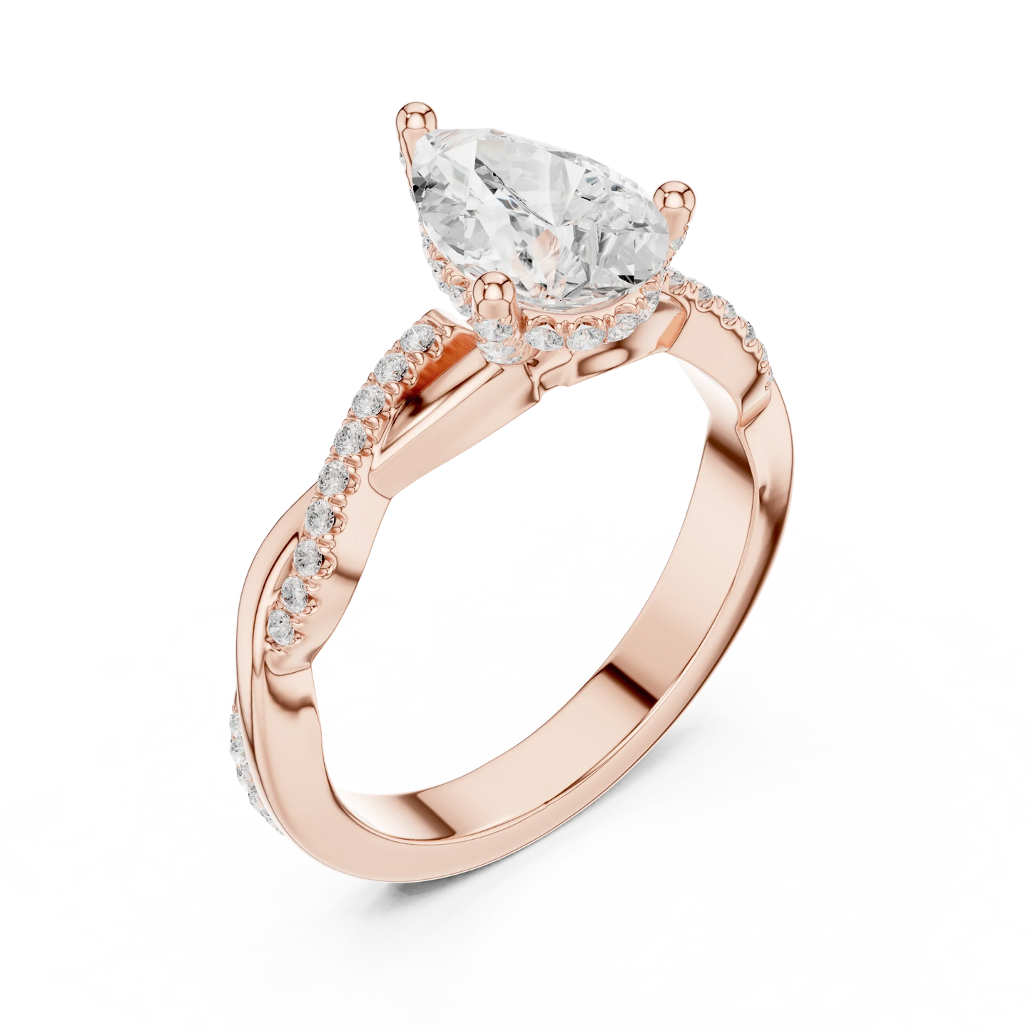 Front view of rose gold pear diamond ring with twisted vine pave band and lab-grown diamond – Australia