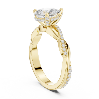 Back view of yellow gold pear diamond ring with twisted vine pave band and lab-grown diamond – Australia