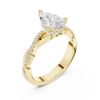 Front view of yellow gold pear diamond ring with twisted vine pave band and lab-grown diamond – Australia