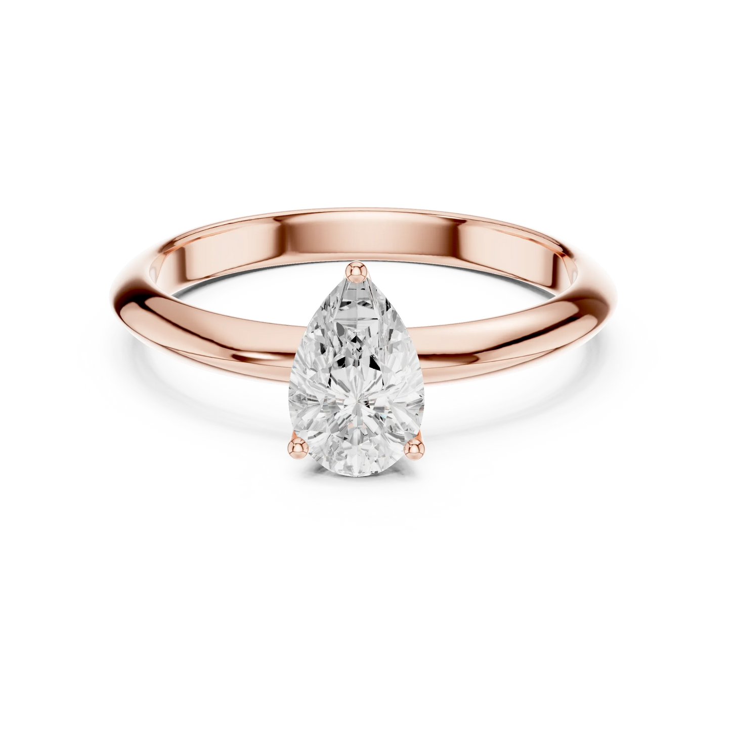 Lab-grown pear cut diamond solitaire ring in rose gold, soft tone top view