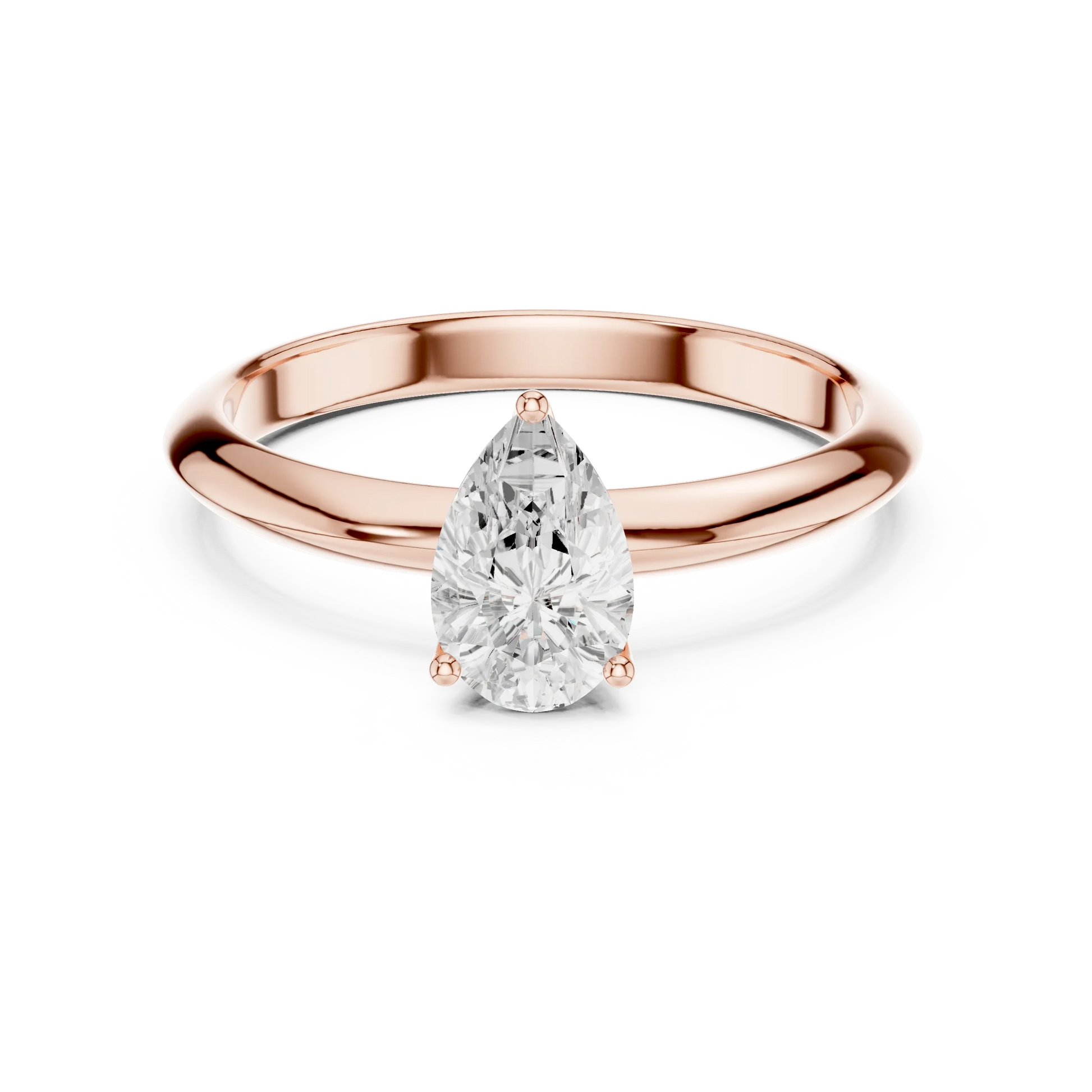 Lab-grown pear cut diamond solitaire ring in rose gold, soft tone top view
