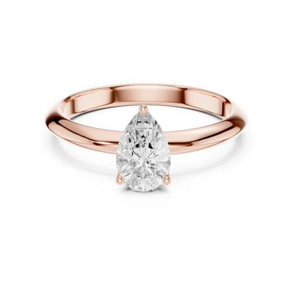 Lab-grown pear cut diamond solitaire ring in rose gold, soft tone top view