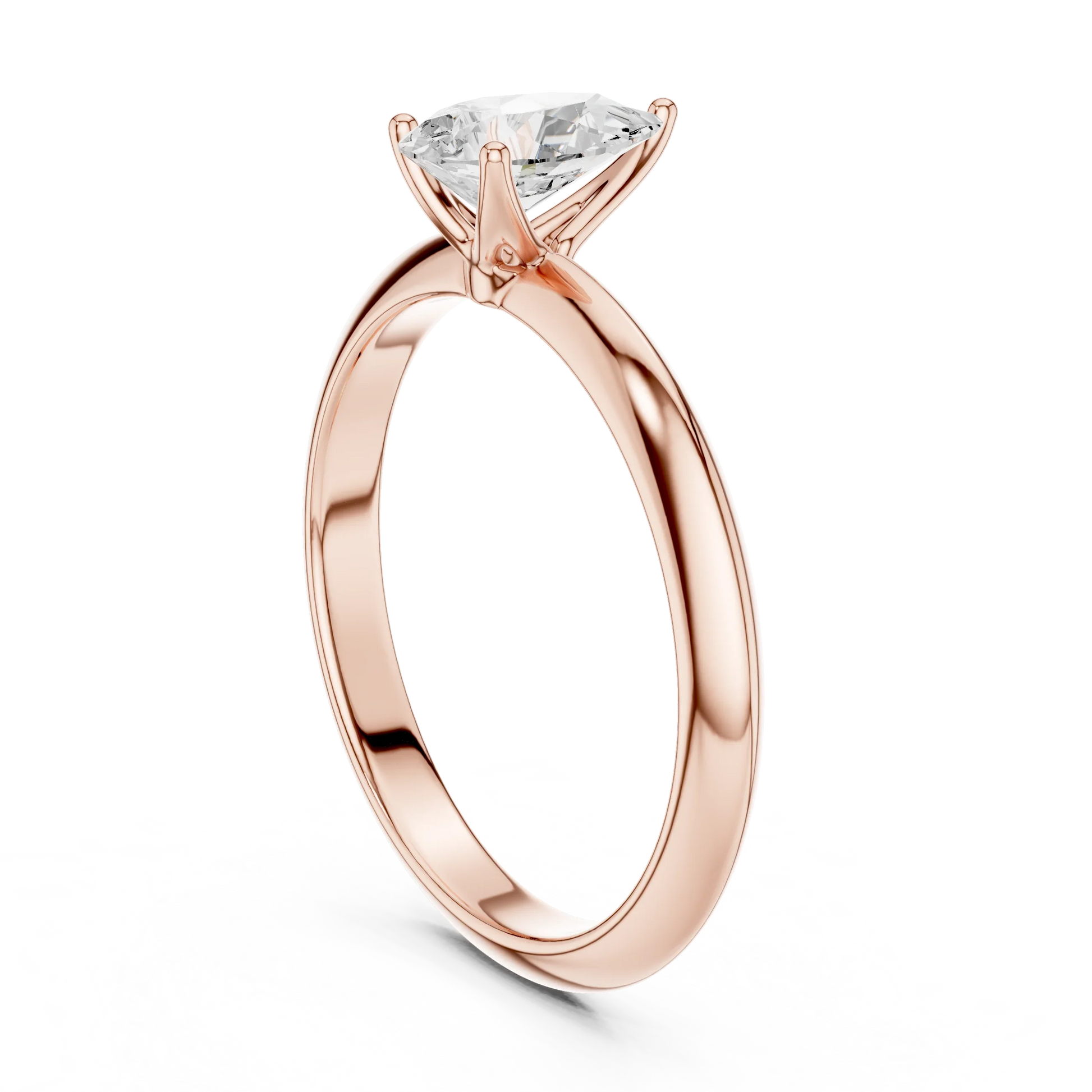 Back side view of rose gold pear diamond solitaire ring, detailing band and setting