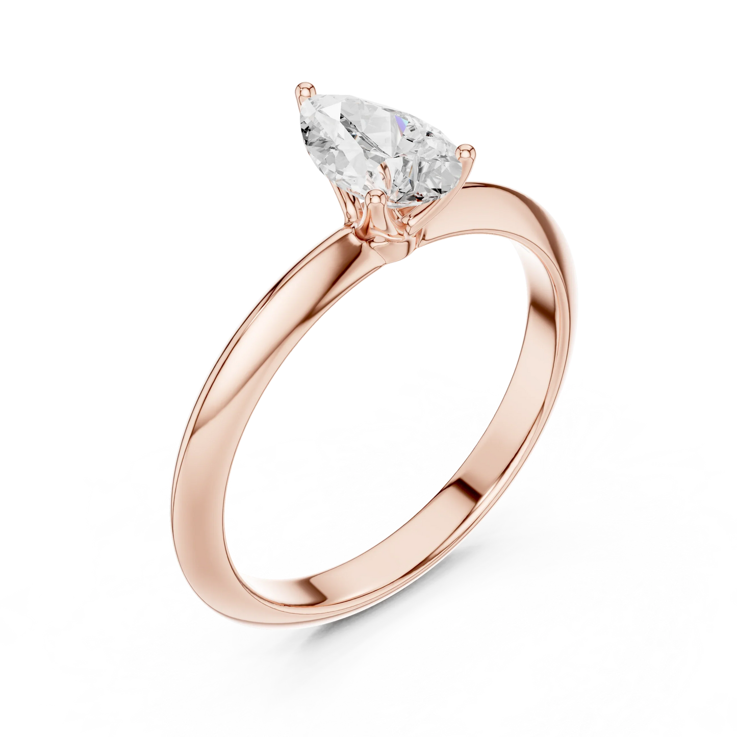 Front view of rose gold pear diamond solitaire ring, showcasing gemstone brilliance