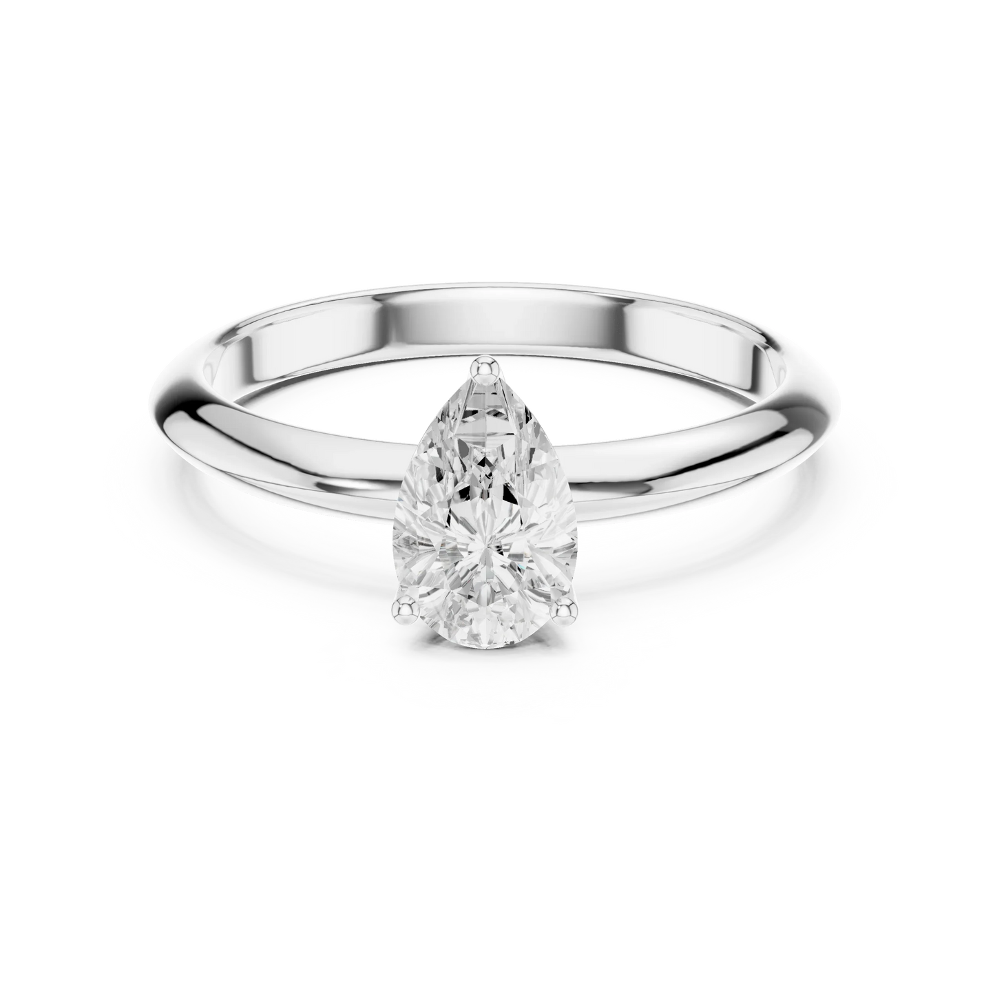 Lab-grown pear cut diamond solitaire ring in white gold, elegant top view.