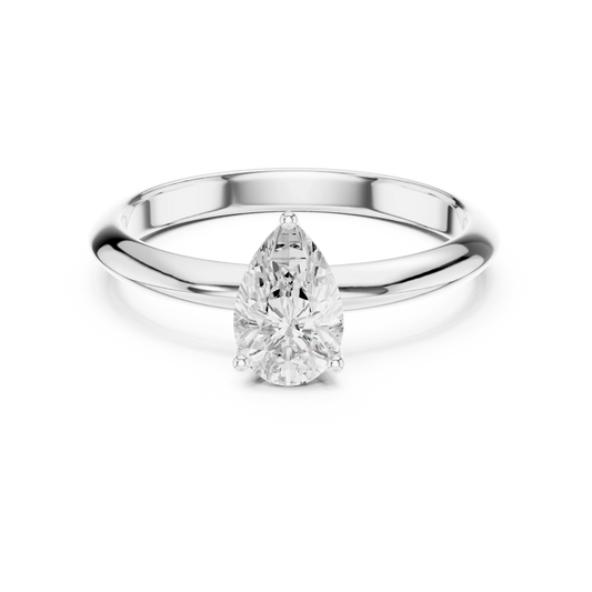 Lab-grown pear cut diamond solitaire ring in white gold, elegant top view.