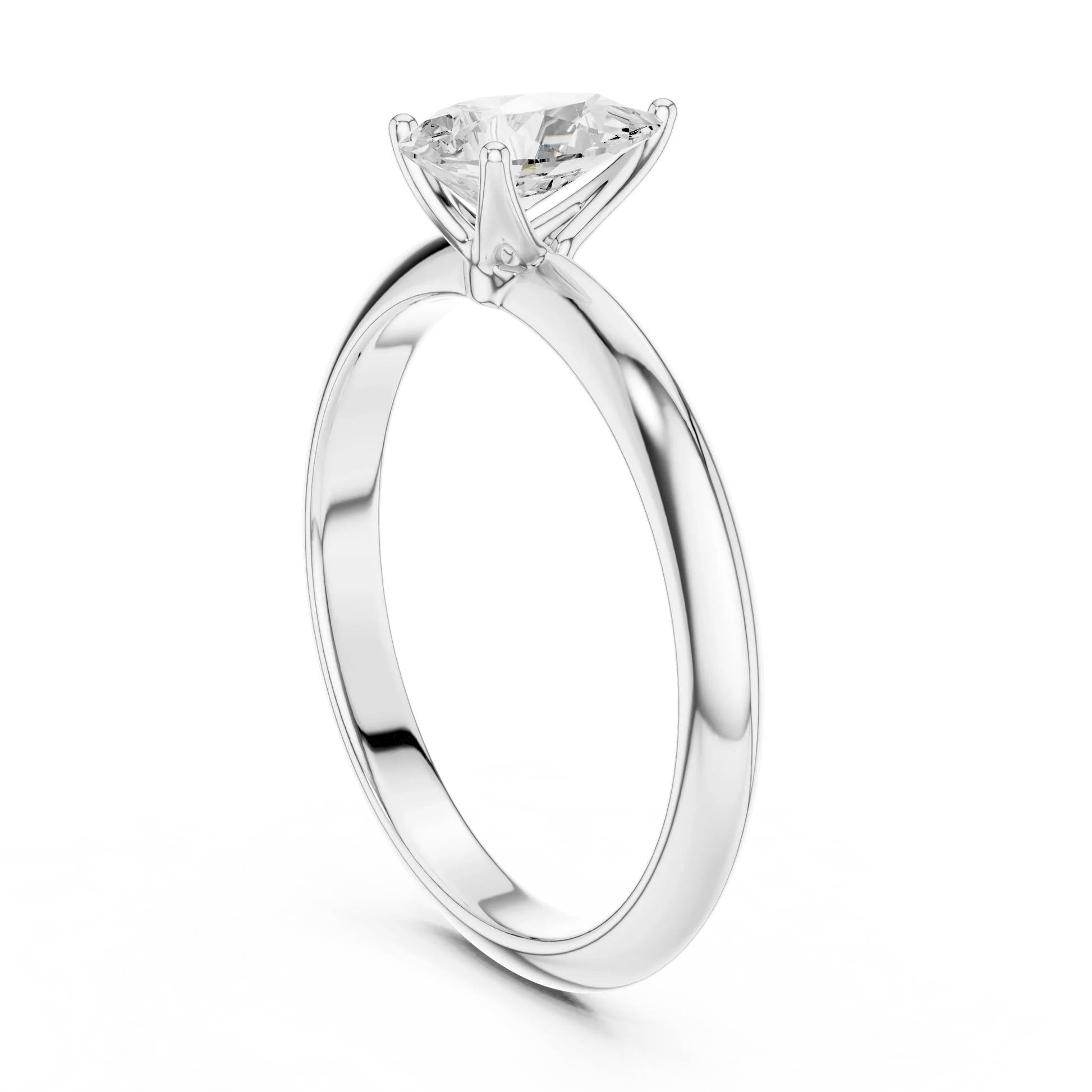 Back side view of white gold pear diamond solitaire ring, showing band and setting